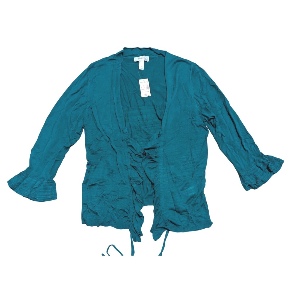 Dressbarn Womens XL Teal Tie Front Ruffle Sleeve Open Cardigan